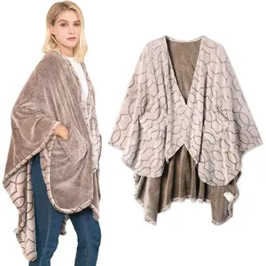 Double-Sided Wearable Blanket Ultra Soft Flannel Shawl Blanket, Reversible Blanket,with Pockets, for Women and Men