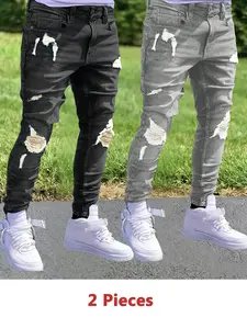 2 Pieces Men's Stretchy Jeans Black & Grey Slim Fit Casual Pants Ripped Menswear Trousers Breathable Denim Pants Comfortable Streetwear