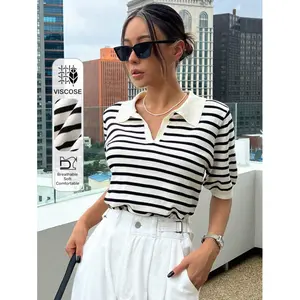 Striped Polo Collar Short Sleeve Casual Women's Knit Top, Spring Summer Autumn Clothing