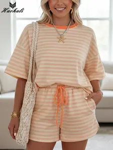 Women's Pink Stripe Contrast Neck Loose Tee Drawstring Shorts Sets Summer Casual Two Piece Outfits Fashion Striped Pullover Tops Elegant Matching Sweatsuits Cotton Lounge Wear Slumber Party Apparel Athletic Aesthetic Clothing