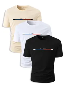 Men's 3pcs Basic Regular Fit Striped & Letter Print Crew Neck Tee, National Day Clothing, Streetwear Round Neck Short Sleeve T-Shirt for Men, Casual Comfy Knitting Top for Summer