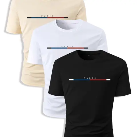 Men's 3pcs Basic Regular Fit Striped & Letter Print Crew Neck Tee, National Day Clothing, Streetwear Round Neck Short Sleeve T-Shirt for Men, Casual Comfy Stretch Knitting Top for Summer, Casual Stylish Tee