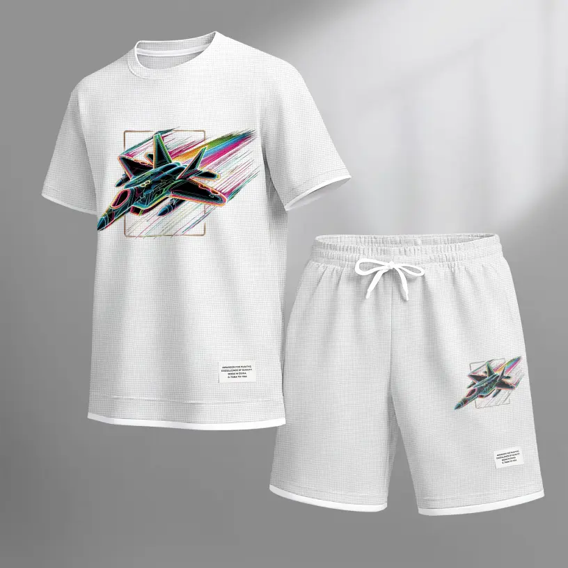 Men's Spacecraft print drawstring shorts set for spring/summer, a casual summer outfit including a short-sleeved shirt and shorts, suitable for everyday wear and sports. A two-piece set for a relaxed and energetic lifestyle.
