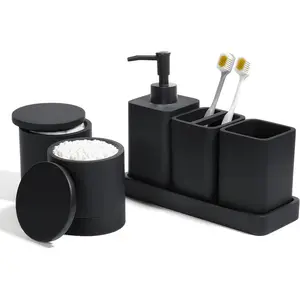 6 Piece Matte Black Bathroom Accessories Set - Complete Bathroom Organizer Set with Toothbrush Holder, Soap Dispenser, Vanity Tray, Tumbler, Cotton Swab Jars for Bathroom Storage Decor