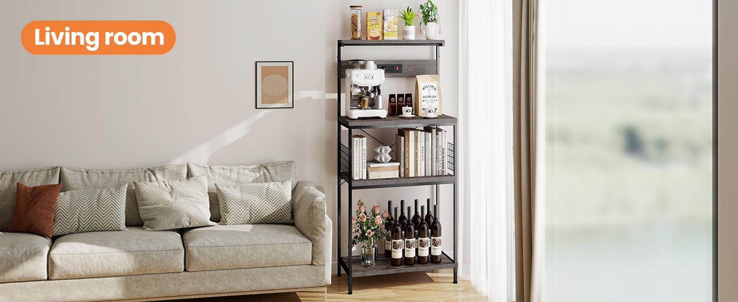 Kitchen Bakers Rack with Power Outlet, Coffee Bar Table 4 Tiers, Microwave Oven Stand Station, Adjustable Storage Shelf for Spices, Freestanding Appliance Organizer - 23.6 Inch
