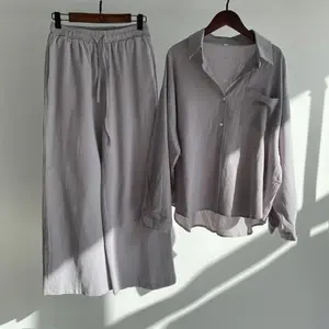 Women'sSpring/autumnNewFashionRetroCottonandLinenTwo-pieceSet,HalfOpenShirt+HighWaistDrawstringWide-legPants
