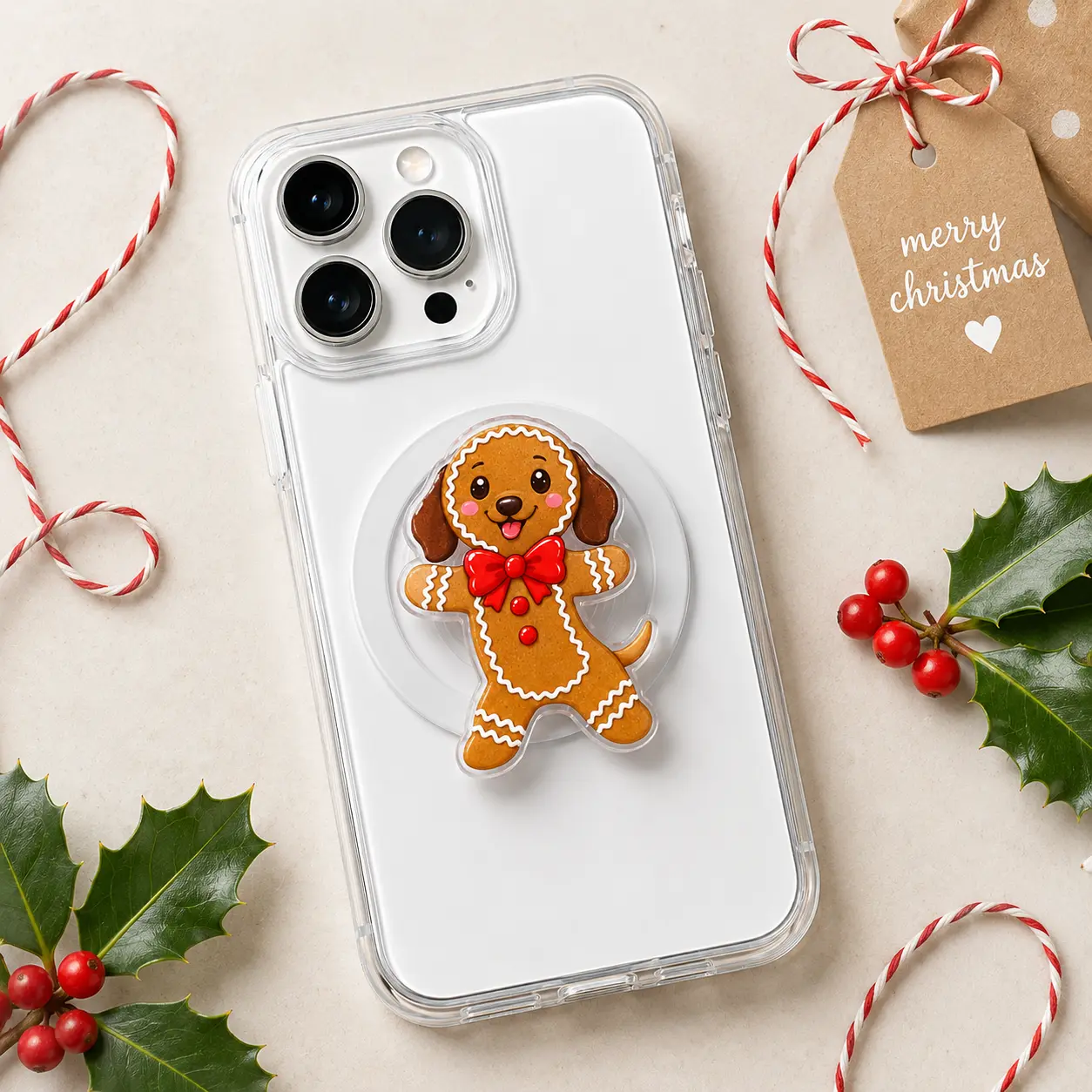 Cute Gingerbread Dachshund MagSafe Phone Grip – Christmas Puppy Acrylic Magnetic Phone Holder & Kickstand – Festive Holiday Dog Lover Phone Accessory
