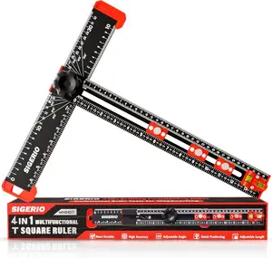 Sigerio 4 in 1 Adjutable 4 in 1 Drilling Positioning Ruler Tool, 14in T Square Ruler, Aluminum Alloy Cabinet Hardware Jig Tool for Woodworking Measuring Instrument Angle Measuring Tool