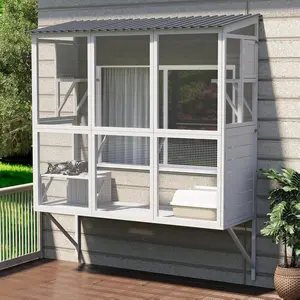 Catio Outdoor Cat Enclosure with Window Access, Large Window Catio Wood Cat House with 4 Platforms & 3 Doors for Napping & Nature Viewing – All-Weather Pet Cage for Indoor Cats, White