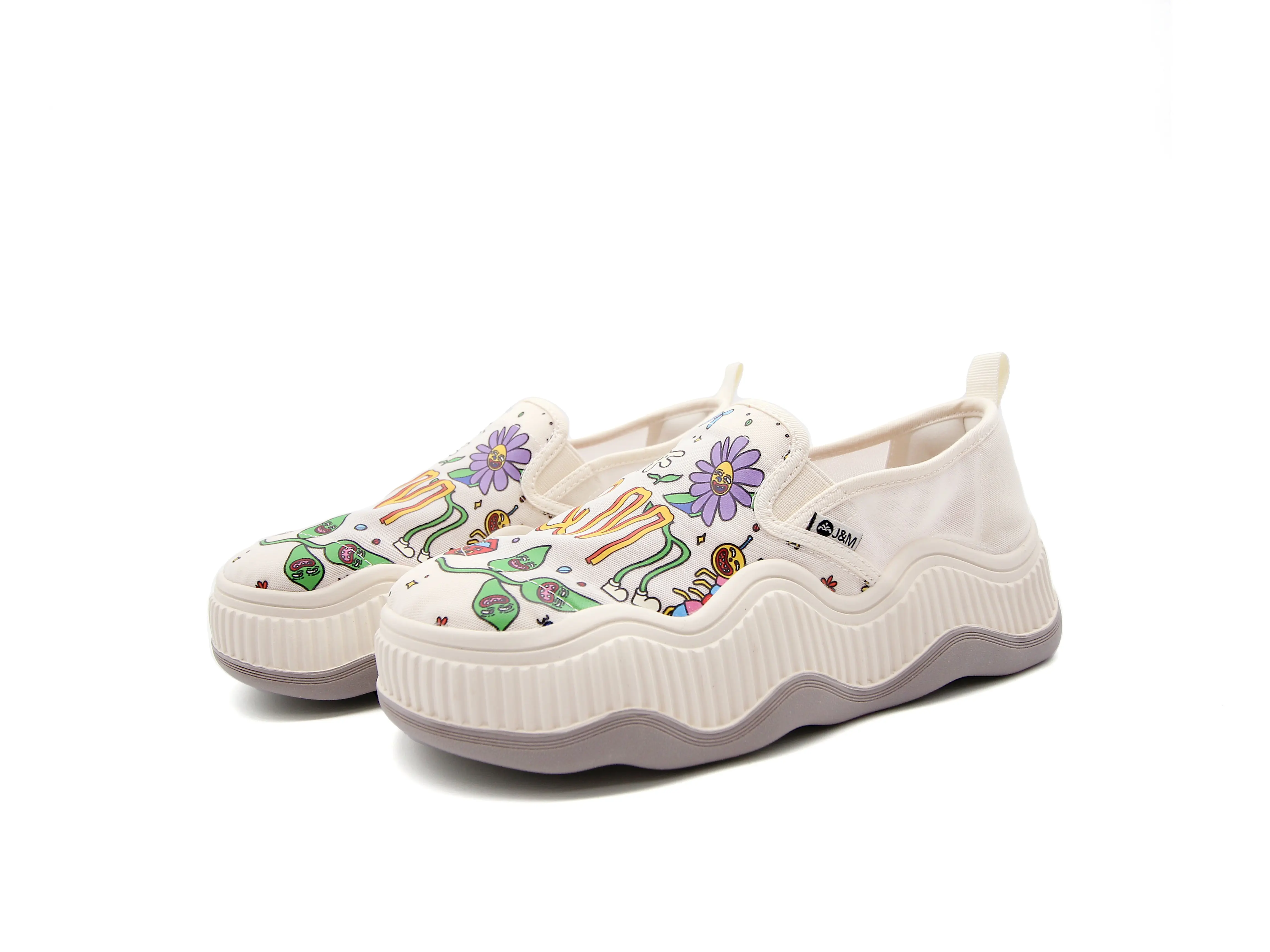 Joy & Mario Women’s Floral Embroidered Platform Slip-On Sneakers, Colorful Canvas Walking Shoes with Round Toe for Travel and Everyday Wear