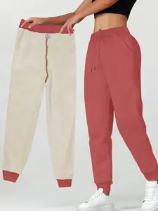 Women's Casual Sporty High Waisted Sweatpants, Thickened Fleece Lined Knit Warm Fashionable Comfortable Pants for Autumn Winter Season