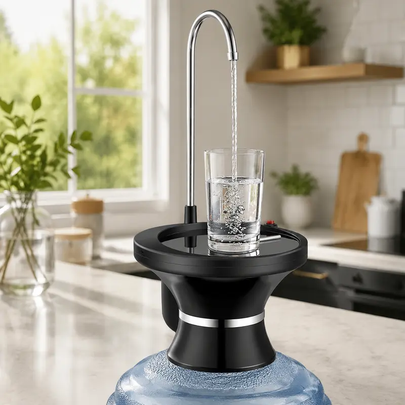 Automatic Electric Water Dispenser Pump for 1-5 Gal Bottles, Countertop USB-Rechargeable Model with 304 Stainless Steel Spout, 1-Touch Operation, Large Tray, Universal Household Kitchen Appliance for Home & Office
