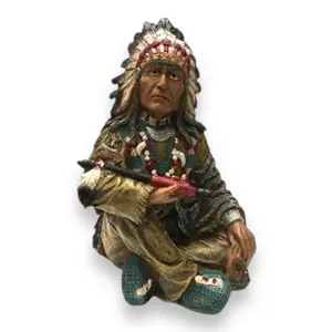 10” Inch Sitting Native American Chief Figurine with Feather Headdress and Pipe for Home Decor Ornaments Traditional