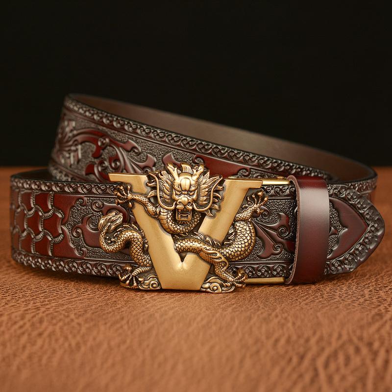 Men’s Vintage V-Shaped Dragon Belt, Carved Automatic Buckle, Unique Casual Denim Accessory Perfect for Street Shoots, Jeans Outfits