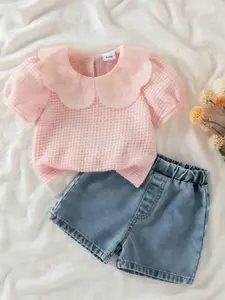 Baby Girl 2-Piece Set, Cute Ruffle Collar Bubble Sleeve Top & Denim Shorts, Casual Fit, Perfect for Daily Wear & Vacation