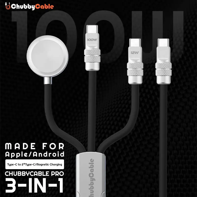 ChubbyCable Tri-Flex 100W 3-in-1 Fast Charging Cable with Soft Silicone for Apple Watch & Android Devices Type-C to Type-C & Magnetic Watch Charger