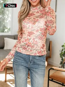 Spring & Fall Fashion Vintage Floral Print Half High Neck Mesh Long Sleeve Fitted Top, Women's Casual Elegant Blouse, Stylish Daily Wear