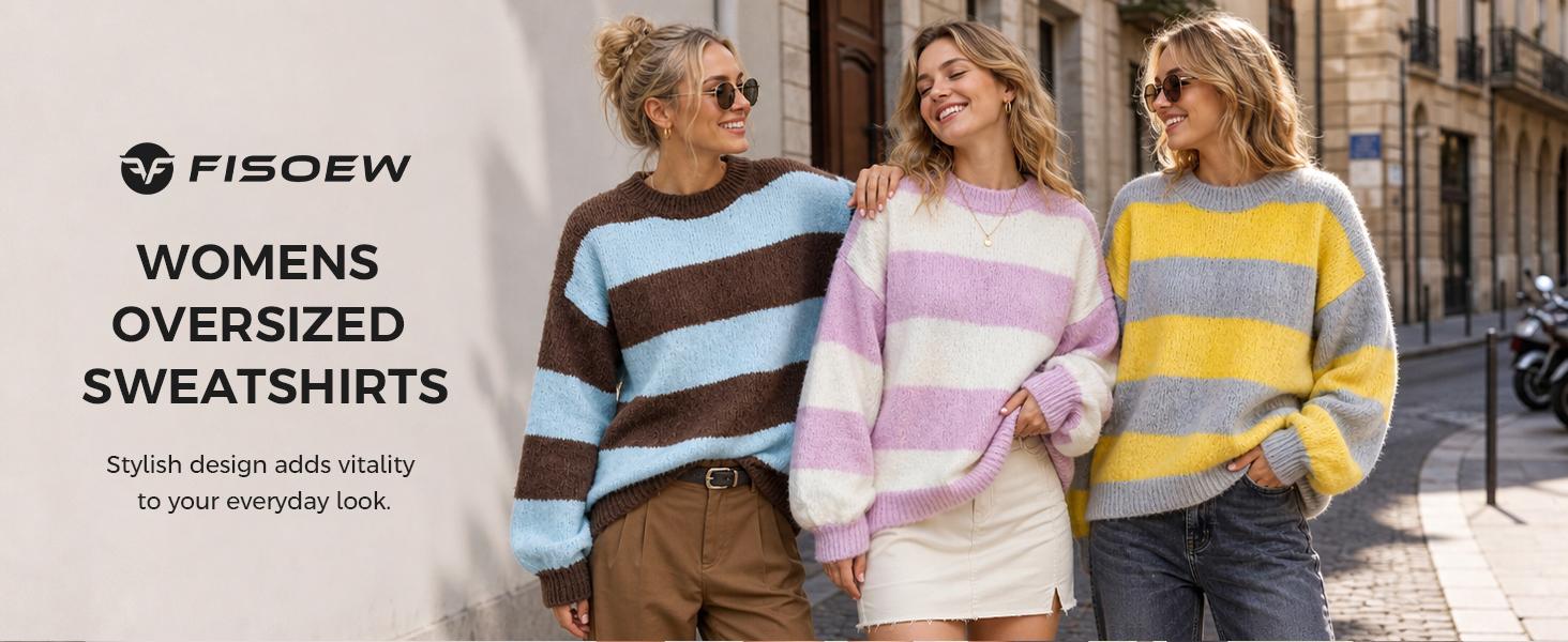 Fisoew Retro Color Block Stripe Sweater, Crew Neck Oversized Balloon Long Sleeve Loose Casual Pullover Top Matching Jeans Pants Fall Winter Casual Layering Top