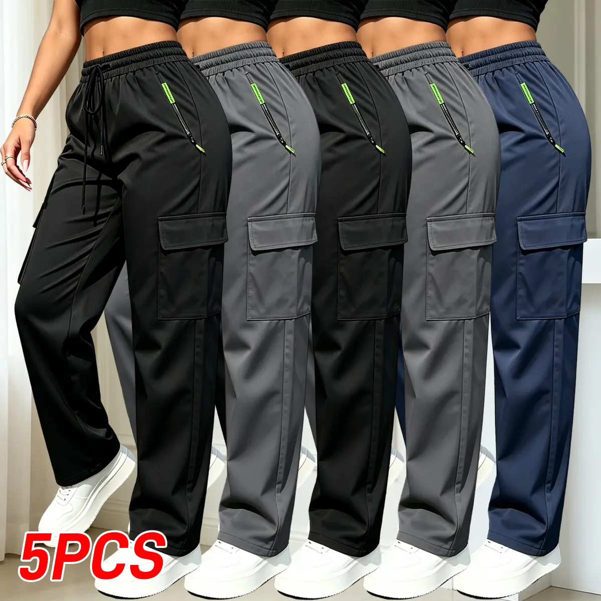 5-Pack Women’s Lightweight Cargo Pants for Spring/Summer/Fall, Drawstring Waistband, Dual Zippered Pockets, Casual Athletic Long Pants Suitable for Outdoor Sports and Everyday Dates, Women’s Cargo Pants
