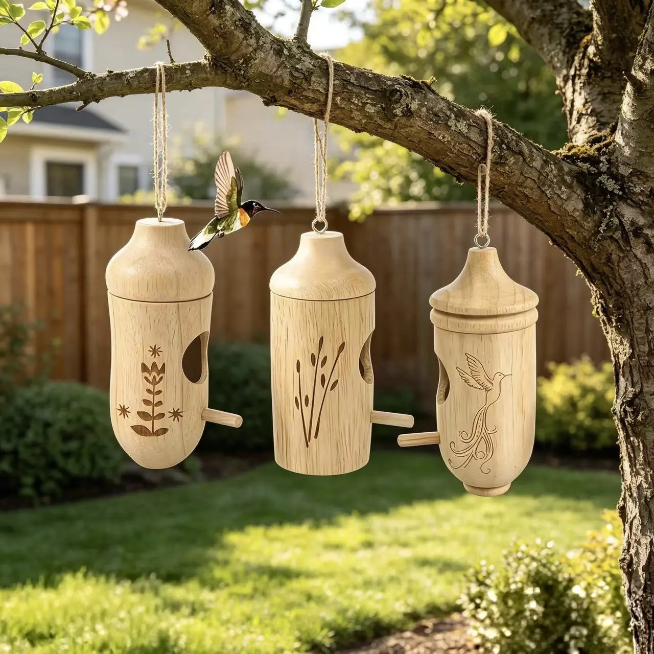 Natural Wooden Hummingbird House - Outdoor Hanging Garden Decor, Unique Home Ornament Gift for Family and Friends
