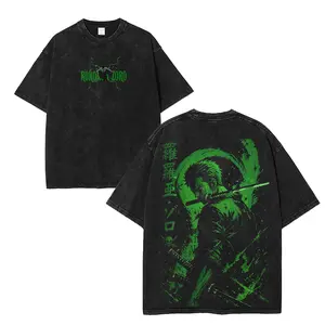 Roronoa Zoro One Piece Edition Double Printed Oversize Tee Anime Mange Vintage Design Top Cotton Streetwear T-Shirt for Menswear & Womenswear Fabric Oversized casual One Piece Devil Fruit Graphic Retro Washed Unisex