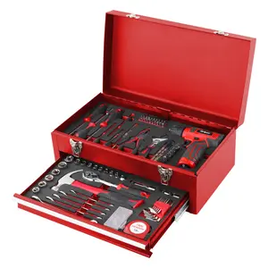 Metal Box Repair Tool Kit with 8v Cordless Drill, Hand Repair Tools Box with Drill, Home Tool Kits for Men & Women, Hand Drill Set Perfect for Homeowner, Diyer, Handyman - Red