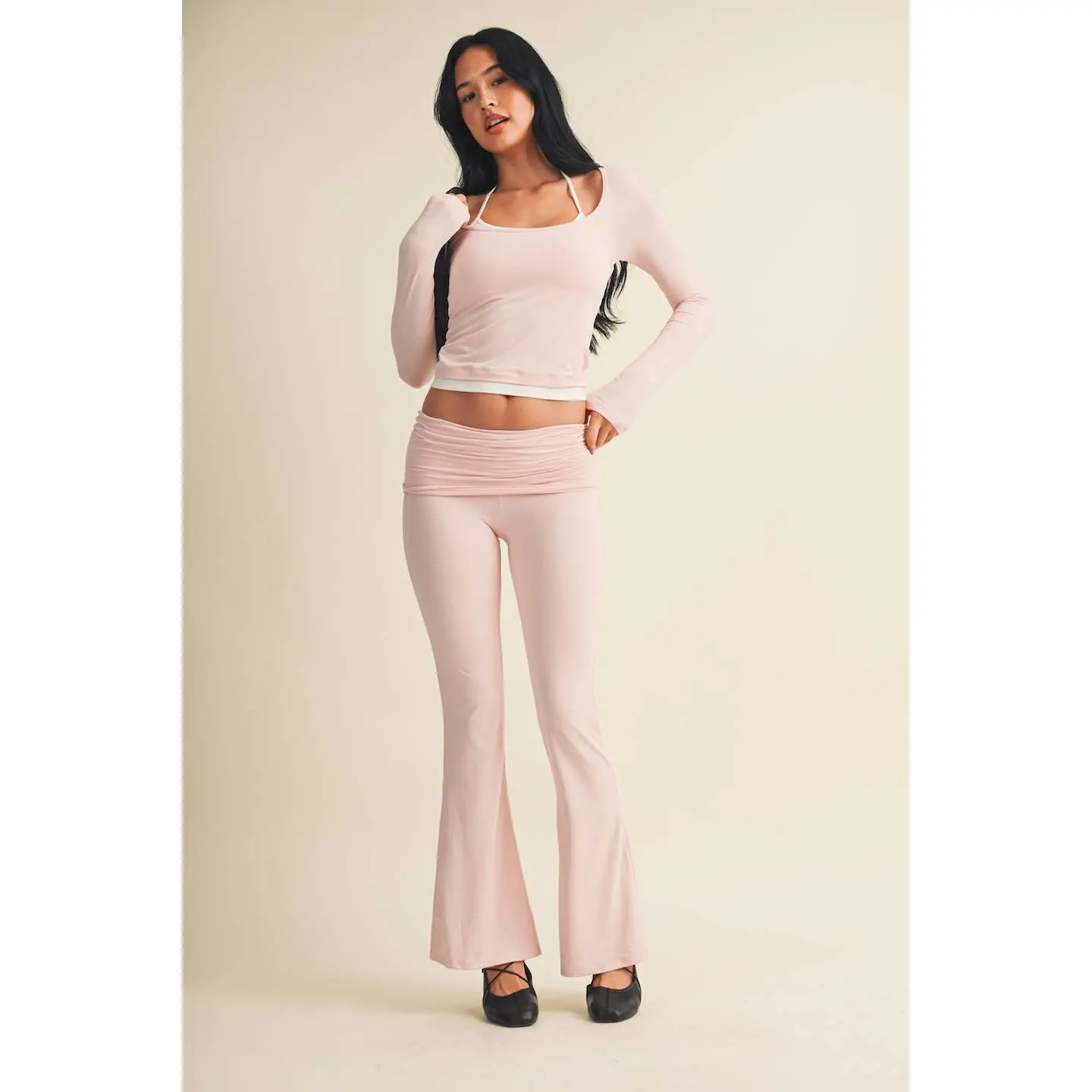 Pink Knit Foldover Flare Leggings