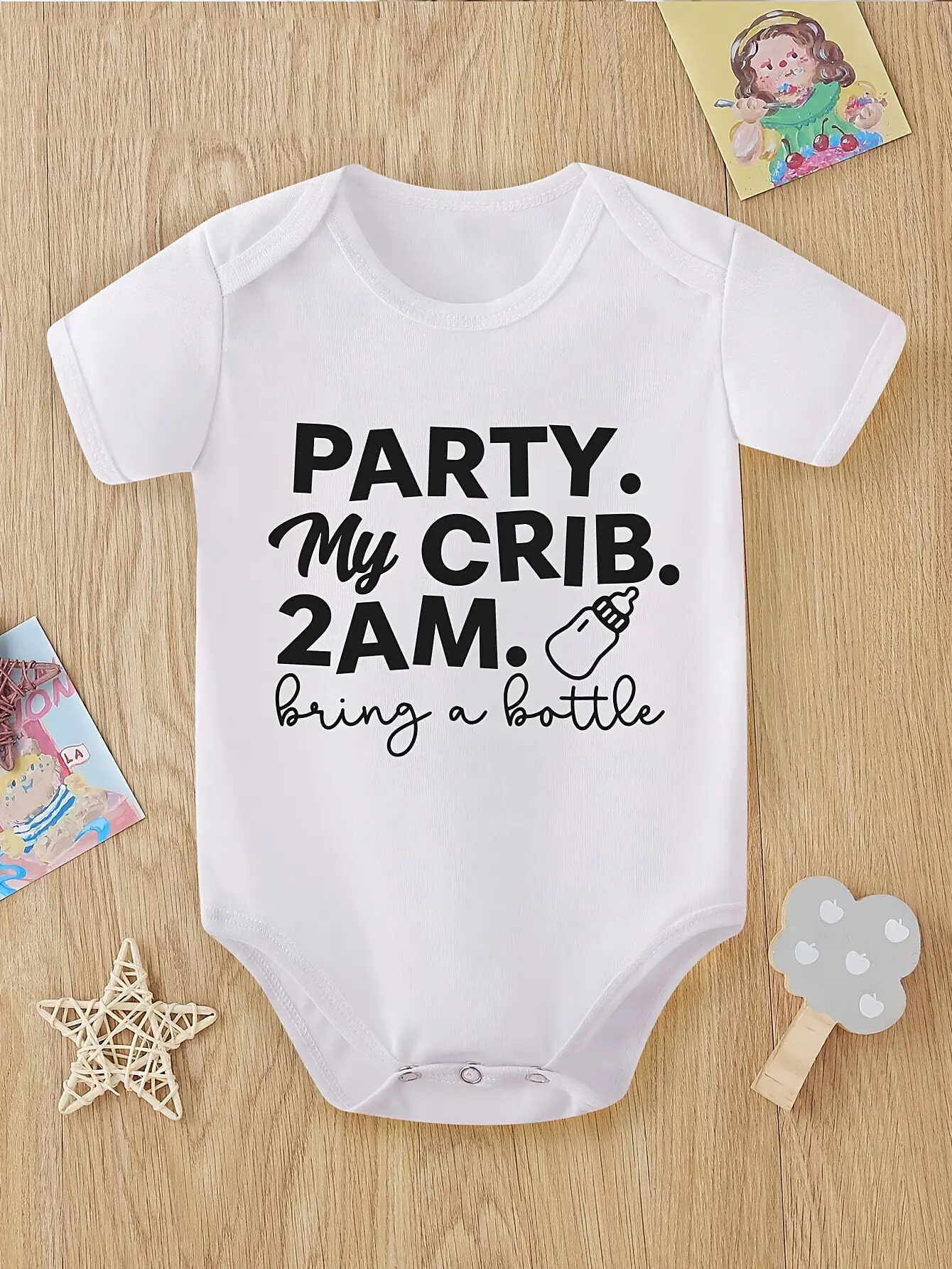 Baby "Party My Crib 2AM Bring A Bottle" Humorous Cotton Onesie Bodysuit, Jersey Onesie Unisex Bodysuits & One-Pieces, Onesie Shape Unisex Bodysuits & One-Pieces