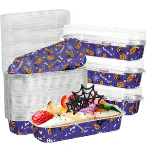 100Pcs Halloween Mini Loaf Pans with Lids, Rectangular Aluminum Foil Baking Pans Disposable Mini Cake Containers for Halloween Party