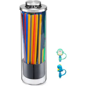 Straw Holder Dispenser for Counter - Clear Glass Drinking Straw Container with Lid - 2 Straw Covers and 35 PCS Straws Included