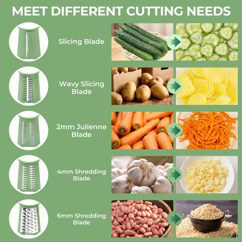 SUSTEAS Rotary Food Grater with Handle, Comes with 5 Well-Designed Blades and Strong Suction Cup Base, Comes with 1 Blade Storage Box Kitchen Vegetable Cutting Slicer Vegetable Cutter Utensils Green