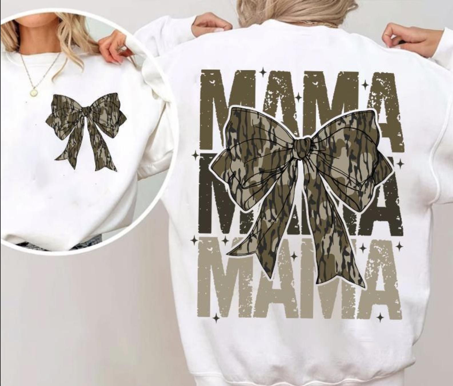Mama Camo Coquette Bow Sweatshirt, Camo Girls Bow Shirt, Retro Hunting Coquette Bow Camo Dude Shirt, Full Size Tops Womenswear