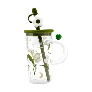 Ousbo Calla Lily Floral Glass Mug 750ml - Cute Dot Patterned Tea Cup for Coffee Lovers