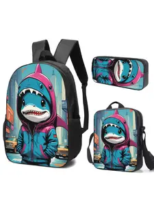 Shark-themed Backpack, Pencil Case and Lunch Bag Set with Urban Backdrop; Durable Print, Adjustable Straps, Spacious Capacity for Daily Use.