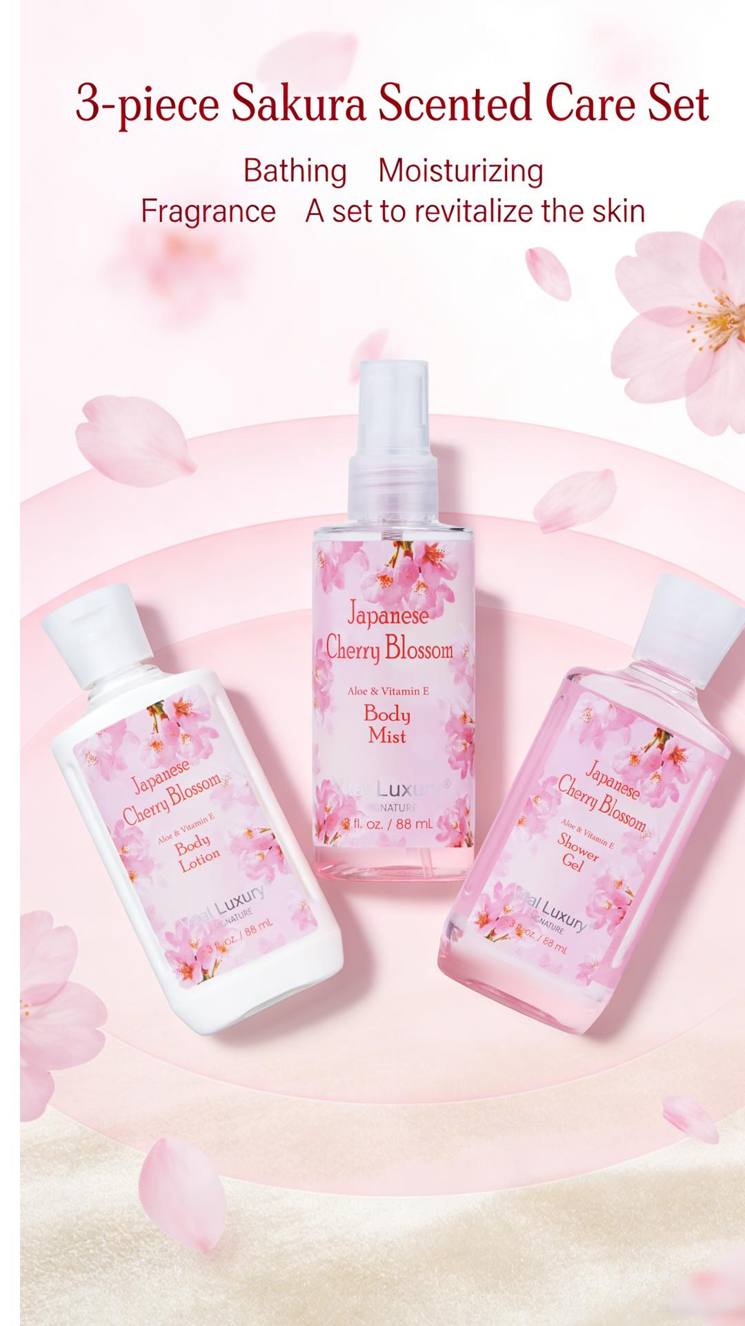 Japanese Cherry Blossom Bath & Body Travel Set – 3oz Shower Gel, 3oz Body Lotion, 3oz Body Mist & 2.5oz Bath Salts | Silky Lather, All-Day Fresh Scent, Moisturizing & Revitalizing | Ideal Gift for Mom, Wife, Sister & Girlfriend