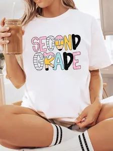 100% Cotton Unisex Second Grade 2nd Grade Back to School Teacher Pencil Retro T-Shirt Short Sleeve T-Shirt Women's Men's Graphic Tee Causal Tops
