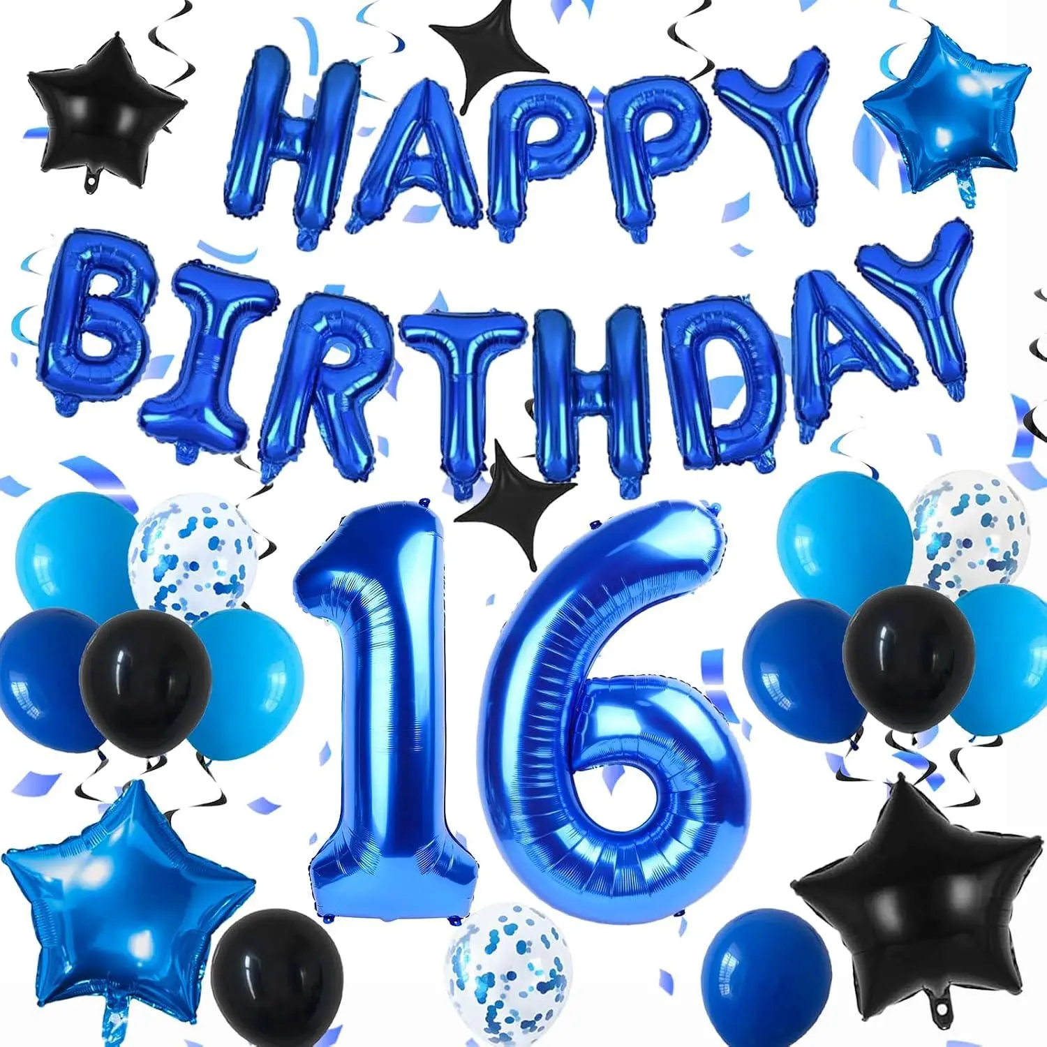 Blue And Black Birthday Decorations, 32 Inch 16 Balloon Numbers, Blue Happy Birthday Balloons, Star Balloon And Black Blue Confetti Balloon, 16Th Birthday Decorations For Boys Girls