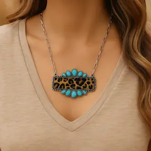 Sunset Standoff Necklace – Turquoise & Leopard Western Statement Piece Bar Pendant Chunky Chain