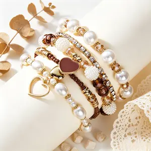 Boho Stackable Beaded Bracelet Set for Women, Vintage Elegant Heart & Pearl Bracelets with Rhinestone Accents, Fashion Jewelry for Vacation, Ideal Gift for Her