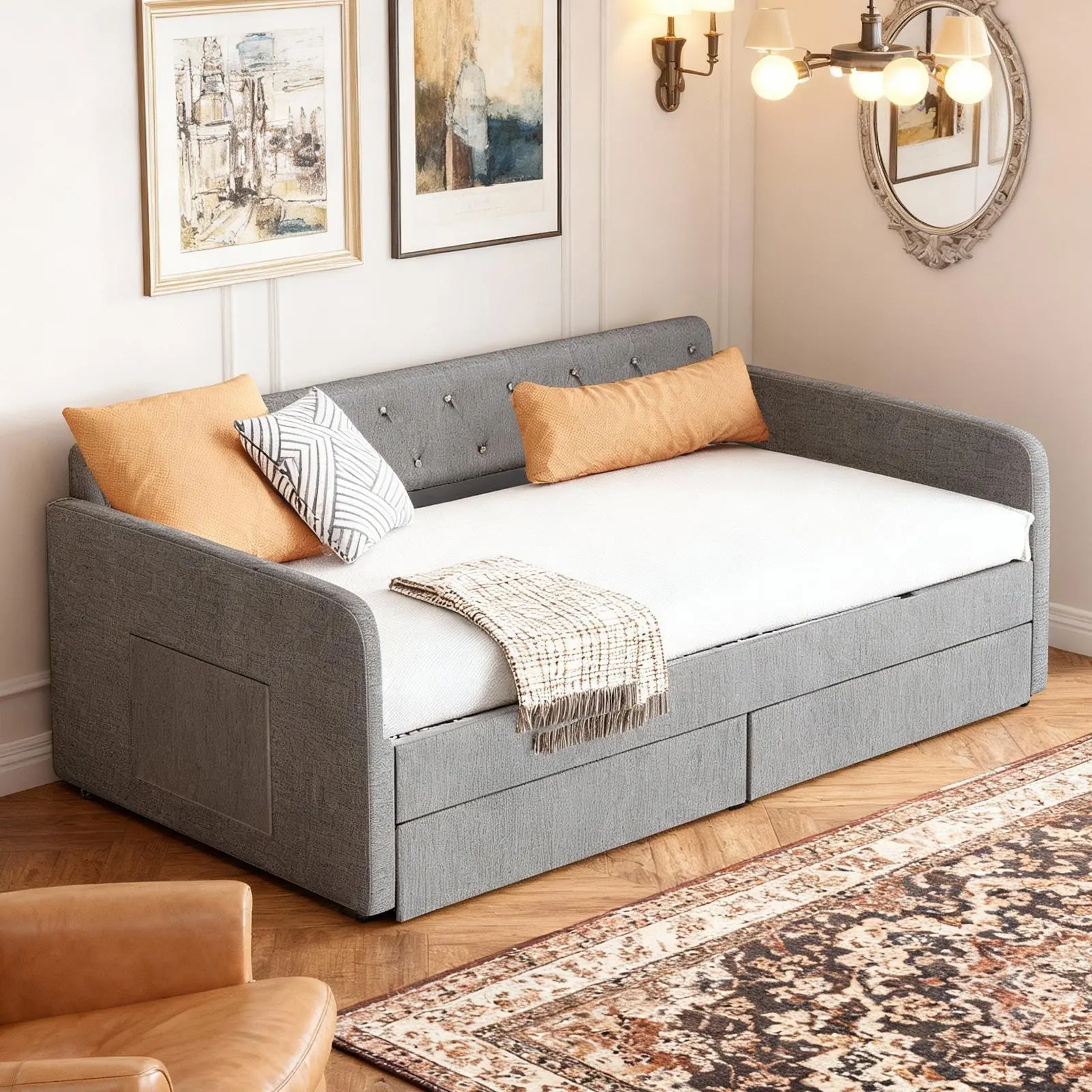 Sturdy Rustic Twin Size Gray Cashmere Upholstered Sofa Bed - Convertible Soft Sleeper Sofa with 2 Storage Drawers, Rich in Function, Ideal Solution for Overnight Guests, Suitable for Various Room Types, Bedroom, Office