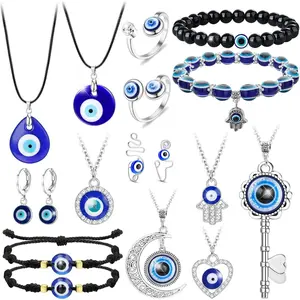 FINREZIO 17 Pcs Blue Mysterious Evil Eye Necklace Evil Eye Bracelets Pack for Women Men Turkish Protection Bracelet Jewelry Evil Eye Jewelry Set for Protection Blessing