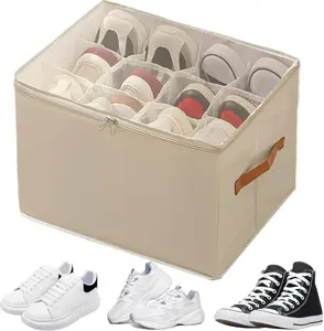Shoe Organizer for Closet, Large Shoe Box Storage Containers, Foldable Shoe Storage Organizer Box Bin with Adjustable Dividers and Clear Cover, Space Saving Shoes Holder, Beige