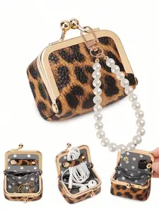 Women's Plain Leatherette Mini Jewelry Box with Pearl Necklace, Portable Vintage Coin Purse, Kiss Lock, Travel Ring Holder, Teacher Gift