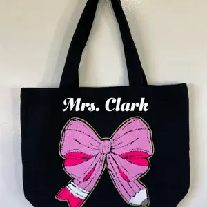 Custom Name Teacher Tote | Pink Bow Pencil Patch | Zip Closure | 13x15 | Black or Tan