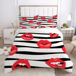 and Striped Lip Print 3 Piece Duvet Cover Set with Pillowcases, Skin-Friendly Easy-Clean Fabric, Vibrant Romantic Bedroom Decor