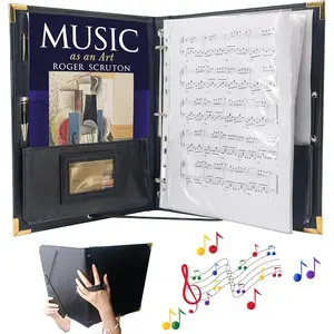 PU Leather Sheet  Folder, 12.5" x 10" Choir Folder with 3 Rings, Hand Strap & Elastic Band,10 Pockets for 8.5" x 11", A4, 9" x 12" Sheets for Piano,Choral &  Performance Black