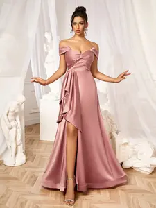 Elegant One-Shoulder Silk Satin Fitted Dress, Pleated Front, Fishbone Design, Split Back, Evening Party Gown, Plain Pattern