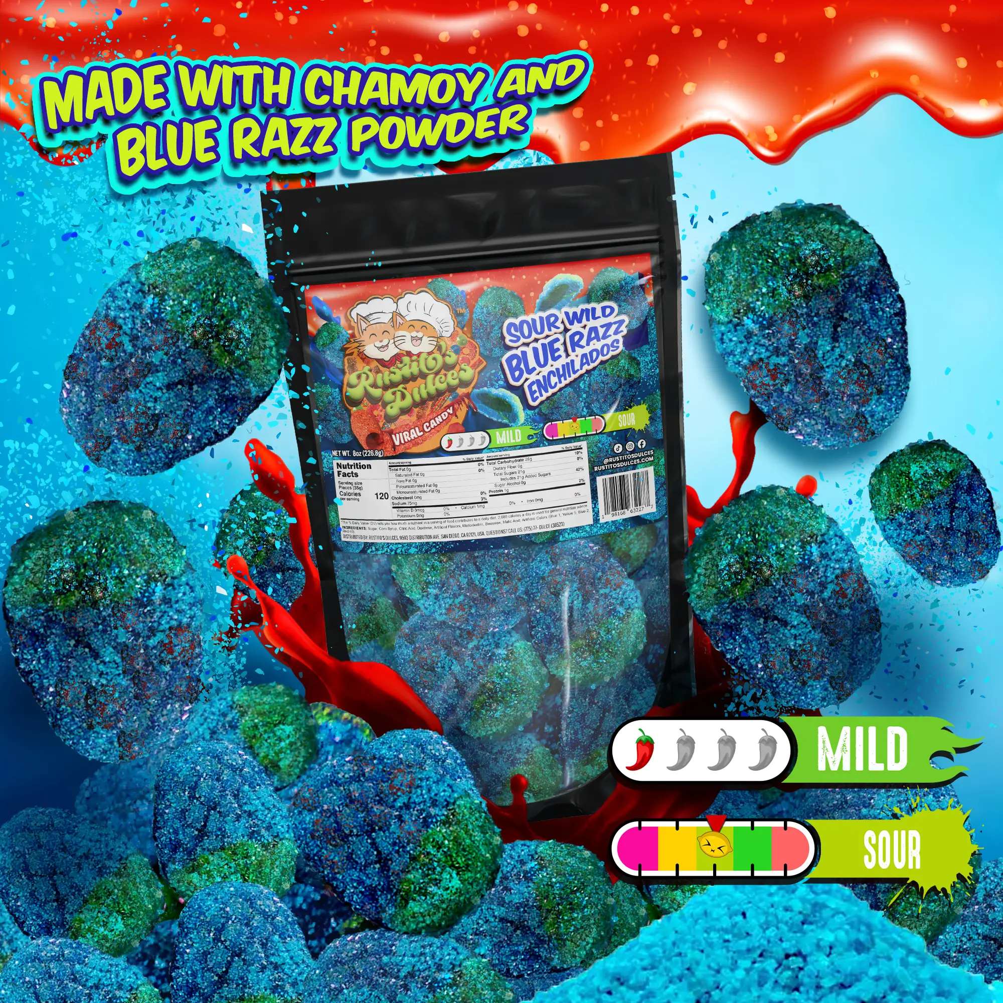 Sour Wild Raspberry Enchilados Chewy Sour Blue Razz Gummies with Chamoy and Blue Razz Powder