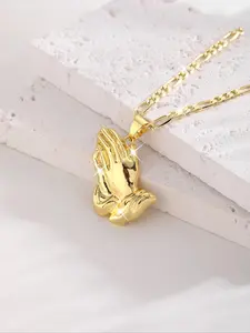 Fashion Hip Hop Praying Hands Pendant Necklace, Classic Vintage Smooth Copper Plated 14k, Unisex Casual Religious Jewelry Gift, Fashion Pendants