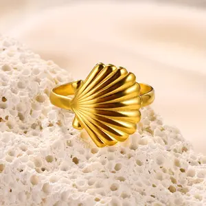 Stainless Steel Shell Open Ring - Golden-Toned, Scallop Design, Bohemian Style, Perfect for Daily Wear, Beach Vacations & Holiday Gifts, Beach Accessorie